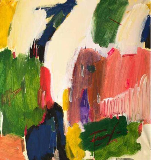 Mood 101, an abstract painting in green, red and yellow by Petro Hrytsiuk