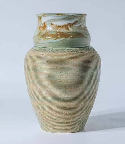 Hand-thrown vase with ribbed sand body and moss green glaze by Motions of Clay